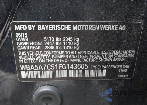 2015 BMW 528I xDrive из США, поврежденный, VIN WBA5A7C51FG143605